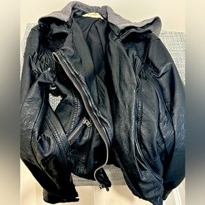 Faux black leather jacket with hoodie